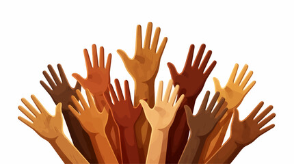 Fototapeta premium Diverse Group Raised Hands Diverse Skin Tones Reaching Upwards, Symbolizing Unity Equality and Collaboration, Vector Illustration on White Background with Copy Space.