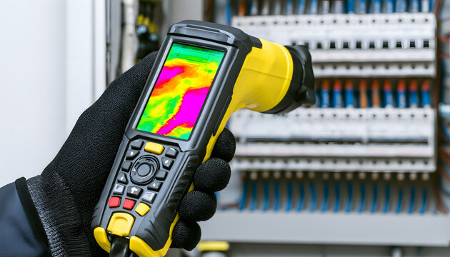 Using a thermal imager camera, Hand in Glove examines the electrical panel for heat-related issues. Meanwhile, the technician inspects the circuit breaker box for overloads or short circuits.