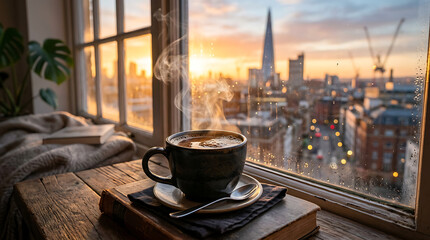 Obraz premium Cozy morning scene in a city apartment with a hot beverage overlooking a sunset skyline