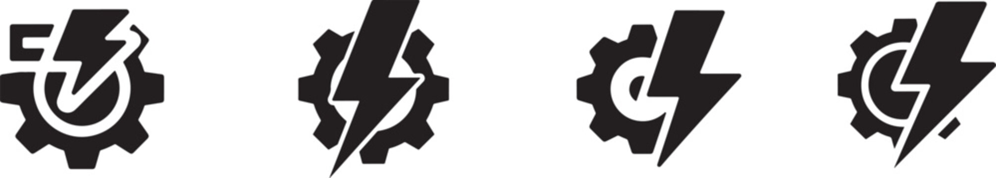Lightning Bolt Gear Icons Set Representing Energy, Power, Electrical Engineering and Industrial Technology