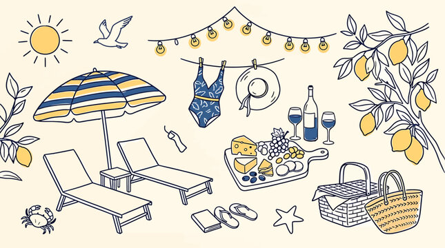 Summer vacation elements set with beach umbrella, lounge chairs, picnic food, lemons, and string lights