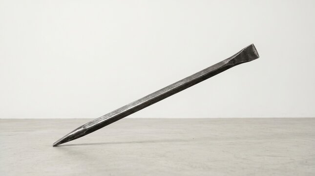 A closeup of a heavyduty steel pry bar or cold chisel tool resting on a concrete surface against a plain wall