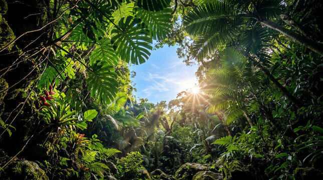 Looking up from the bottom of a deep jungle ravine giant tropical green leaves framing