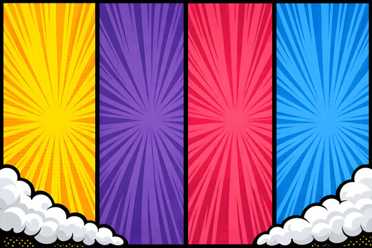 Colorful comic book background with sunburst panels and cloud elements