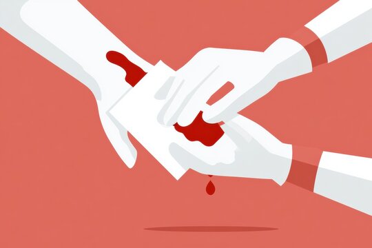 Two hands are using a clean cloth to apply direct pressure to a bleeding wound to stop the flow of blood for medical education.