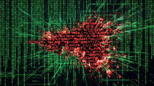 Abstract digital matrix background featuring green binary code numbers with a sprawling cluster layout tech