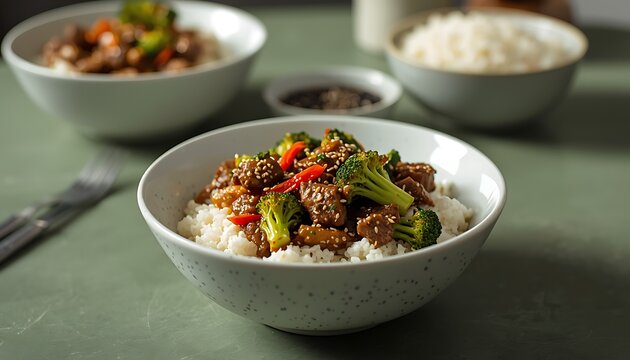 A delicious and nutritious bowl of beef and broccoli stir-fry served over steamed white rice with additional sides ready for a meal