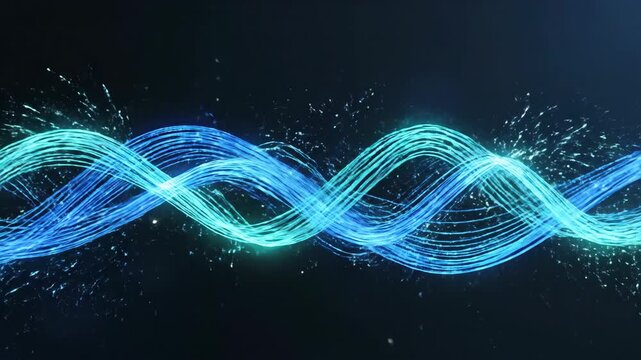 Abstract glowing blue and green energy waves moving and swirling with particle effects on dark background.