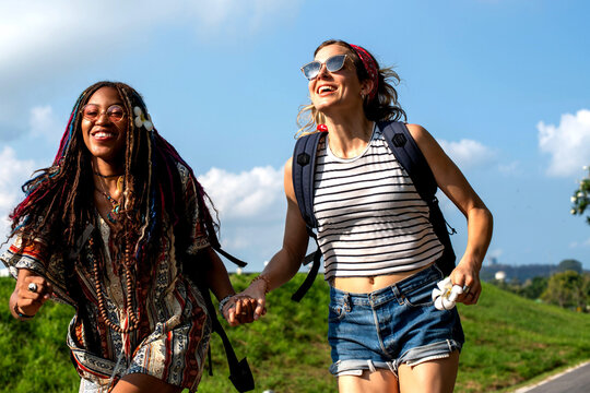 Joyful friends enjoying outdoor adventure.