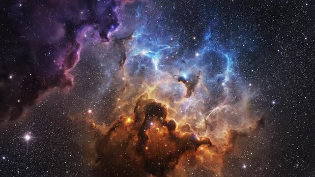Vibrant and colorful nebula in deep space filled with stars and glowing cosmic dust in shades of purple blue and orange Keywords: space, nebula, cosmos, galaxy, stars, universe, astronomy