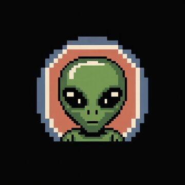 Pixel art green alien head icon inside a circle badge vector