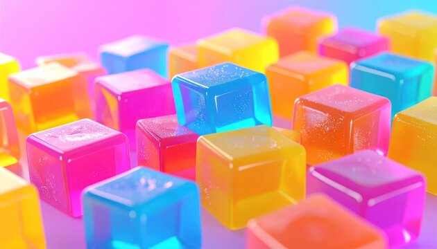 Colorful translucent gelatin cubes arranged in a grid pattern.