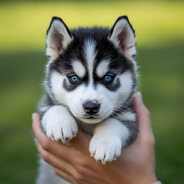 Close-up shot of small Siberian Husky puppy with blue eyes held in hands outdoors