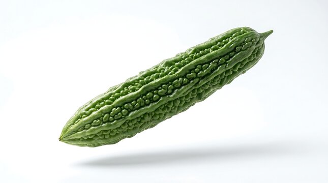 A single fresh bitter melon isolated on a plain white studio background.