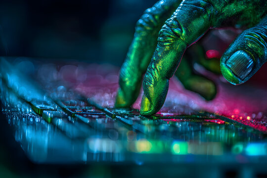 Green monster hands typing on keyboard with blue and pink neon lights.