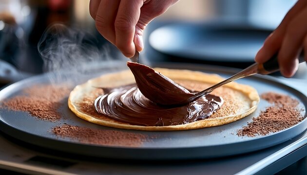 Close-up of hands spreading chocolate hazelnut spread on a freshly made crepe.
