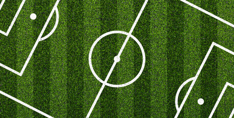 Artificial soccer field with white markings on green turf texture. Sports background for soccer tactics, training ground, stadium, match planning, and game design. © natrot