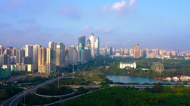 Scenery of Haikou International Trade CBD and Binhai Overpass in Hainan, China
