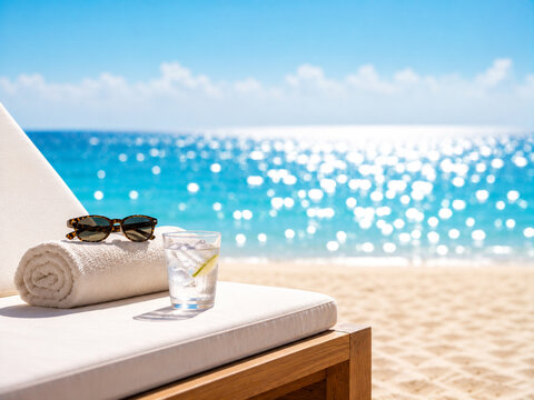 Luxury beach lounger with sparkling ocean bokeh and summer refreshment