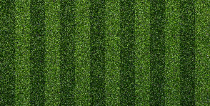 Artificial soccer turf texture with dark and light green striped pattern. Sports background for soccer field, training ground, stadium, and outdoor design.
