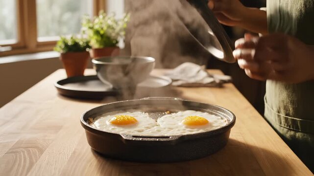 Person lifts lid showing fried eggs in cast iron skillet on kitchen table. Cooking breakfast with eggs in skillet. Steam rises from fried eggs. Kitchen cooking with cast iron pan and eggs.