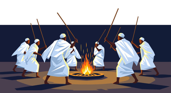 Group of men in white robes dancing around a bonfire.