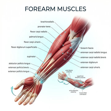 Detailed medical illustration showing human forearm muscle anatomy with labeled tendons and ligaments on a bright clean white background