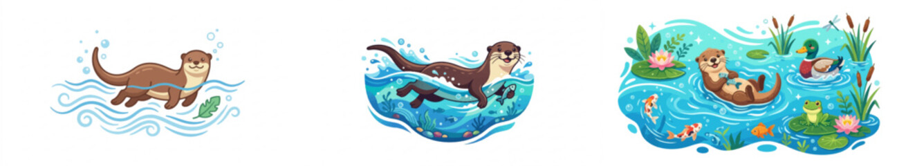 Obraz premium Cartoon otter swimming in water with aquatic life illustration