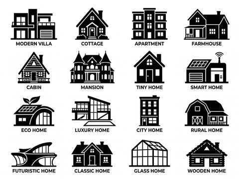 Graphic icons of different residential housing and buildings vector illustration set with building architecture residential apartment farmhouse exterior property