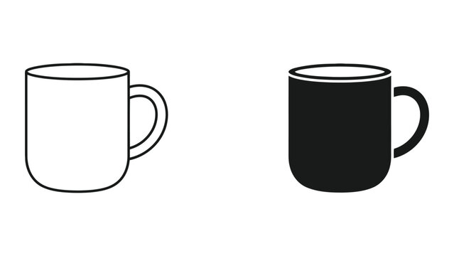 Coffee mug icon set in outline and solid style for beverage and breakfast kitchenware branding or cafe business marketing materials