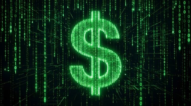 Falling binary code forms dollar sign in digital rain