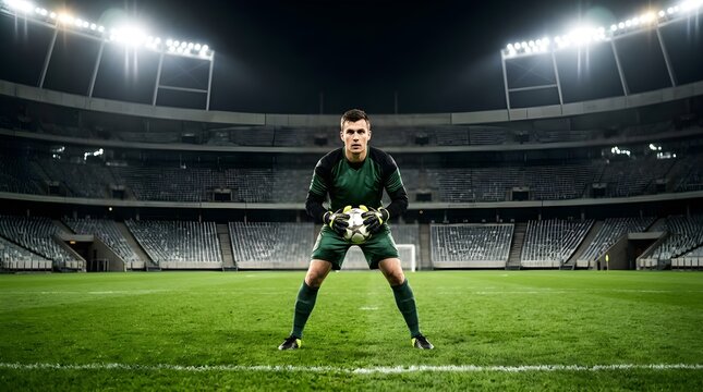 Action Shot of a Male Soccer Player Standing in a Stadium at Night