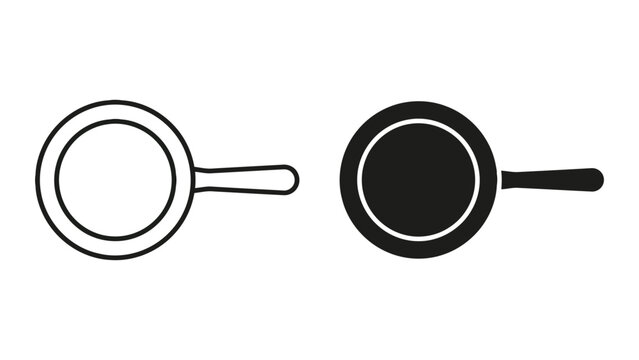 Kitchen frying pan cookware icon set in outline and solid black vector format for cooking and restaurant branding