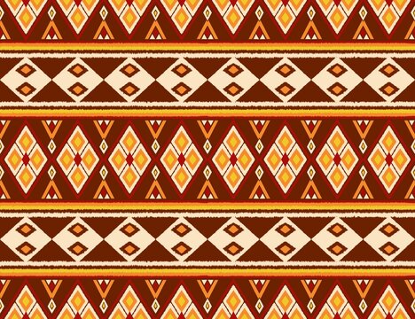 Hand-drawn Seamless Luxurious Traditional Ikat Banded Tribal Motif Pattern with Alternating Geometric Stripes and Cream Elements on Terracotta Background for Fashion Textile and Wallpaper