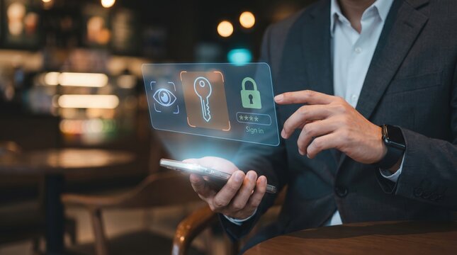 Cybersecurity Concept of Professional Hand Interacting with Moody Smartphone Interface and Sharp Floating Holographic Security Icons Like Biometric Eye Scanner Digital Key Padlock and Passkey Sign In