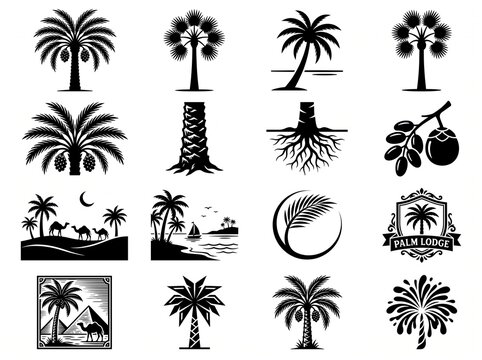 Icon collection of date palm trees including desert landscapes fruit clusters root systems in black and white vector graphic style landscape tropical branding