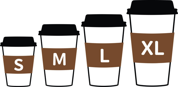Coffee cup sizes with lids sleeves small medium large extra large beverage portion vector illustration artwork