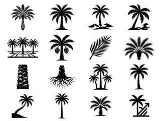 Fototapeta premium Detailed palm tree icon set featuring tropical silhouettes and nature vector graphics silhouette tropical illustration botanical vacation isolated creative