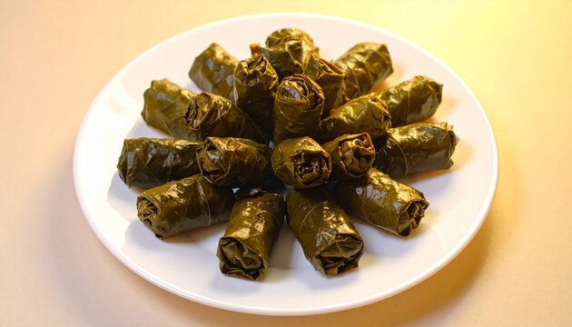 Traditional Stuffed Grape Leaves Served on White Plate