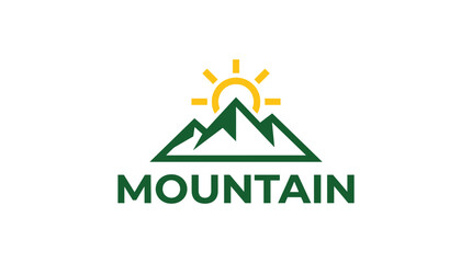 Fototapeta premium Green mountain peak with rising sun and text label.