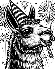 Obraz premium Cute New Year tattoo design, SVG with clean lines. Festive Llama with Party Hat and Noisemaker Surrounded by Fireworks
