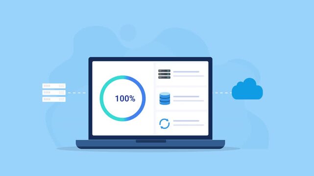Animated flat vector illustration of a laptop displaying a cloud database dashboard with progress indicator, database, and cloud storage icons. Modern cloud computing, data management, and technology 