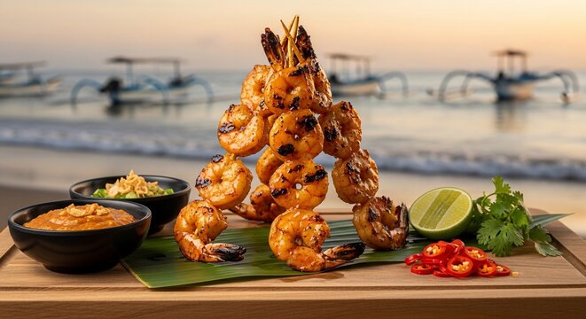 Grilled shrimp skewers with garnishes