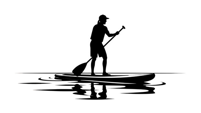 Stand up paddleboard, SUP silhouette, black paddleboarder, water sports icon, vector illustration