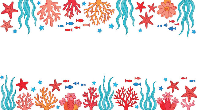 Underwater decorative borders with coral starfish seaweed fish seashell ocean theme vector illustration artwork