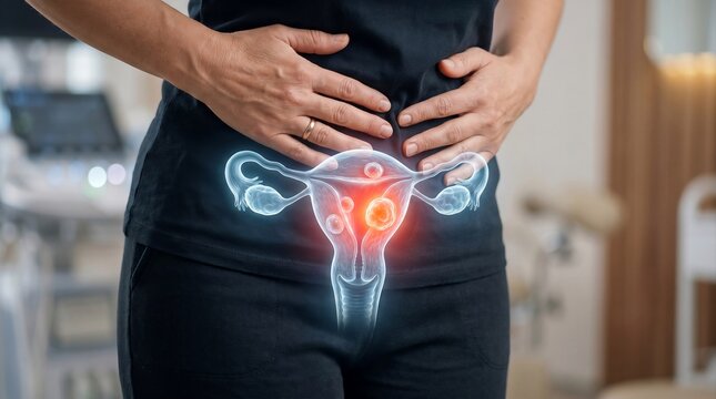 Woman Suffering From Uterine Fibroids and Pelvic Pain Concept