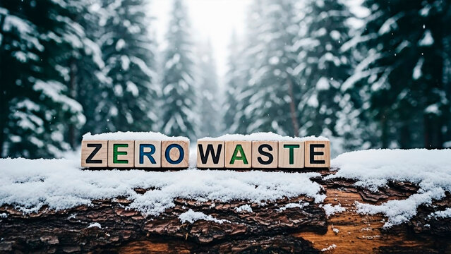 The word Zero Waste spelled out on wooden cubes placed on a snow-covered log with a blurred snowy forest in the background, symbolizing environmental consciousness and sustainability.