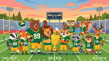 Naklejka premium A diverse team of anthropomorphic animals in football uniforms celebrates winning a championship trophy on a sunny stadium field.