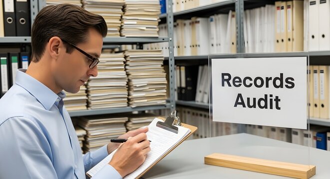 A man conducting a records audit in an archive, embodying the concept of business administration and organization.