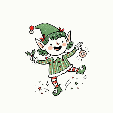 Little christmas elf character dancing happily, holding holly and a shiny christmas ornament.
